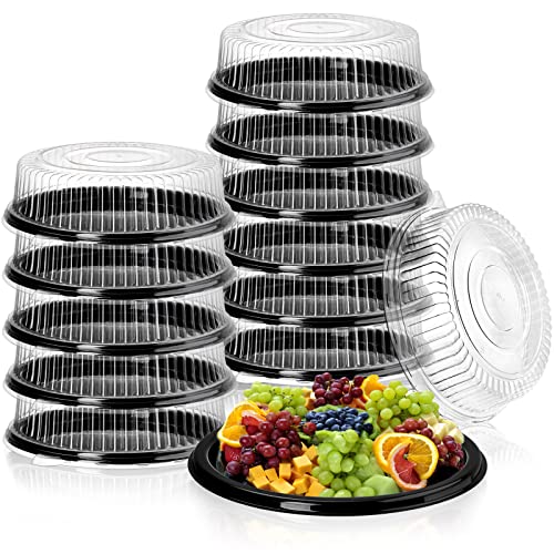 Frcctre 12 Pack Plastic Serving Tray with Lid, 12" Plastic Disposable Food Serving Platters with Clear Dome Lids, Stackable Round Trays for Party, Takeout Food, Catering, Picnic