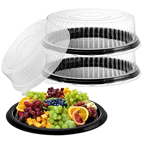 Frcctre 12 Pack Plastic Serving Tray with Lid, 12" Plastic Disposable Food Serving Platters with Clear Dome Lids, Stackable Round Trays for Party, Takeout Food, Catering, Picnic