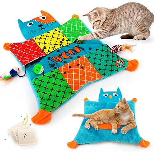 AWOOF Cat Mat, Cute Soft Catnip Mat, Cat Activity Mat Machine Washable Catnip Toys Interactive Cat Toys for Indoor Cats, Self-Warming Crinkle Mat Cat Blanket for Small Medium Large Cats with 7 Pockets