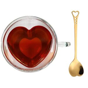lucy sui heart shaped cup - double walled insulated glass coffee mug or tea cup - double wall glass 8oz (240ml) - clear - unique & insulated with handle - with teaspoon