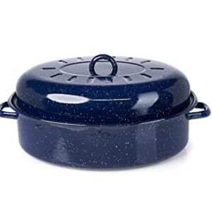 IMUSA USA 18" Traditional Vintage Style Blue Speckled Enamel on Steel Covered Oval Roaster