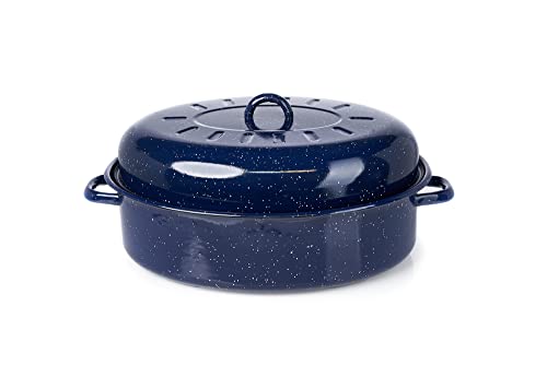 IMUSA USA 18" Traditional Vintage Style Blue Speckled Enamel on Steel Covered Oval Roaster