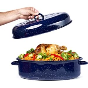 IMUSA USA 18" Traditional Vintage Style Blue Speckled Enamel on Steel Covered Oval Roaster