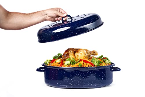 IMUSA USA 18" Traditional Vintage Style Blue Speckled Enamel on Steel Covered Oval Roaster