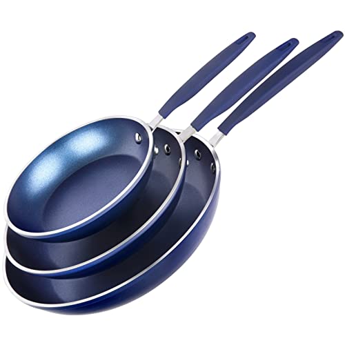 Granitestone 3 Pc Non Stick Frying Pans Set, Nonstick Frying Pans Nonstick 8/10 / 12 Inch Pan Skillets for Cooking with Stay Cool Handles, Induction Cookware, Dishwasher/Oven Safe, Non Toxic - Blue