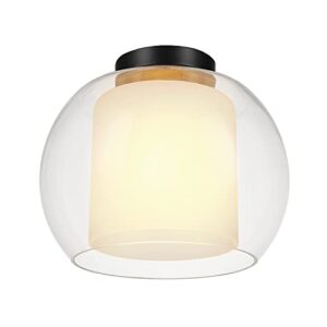 globe electric 61256 aura 1-light flush mount ceiling light, bronze, clear glass outer shade, frosted glass inner shade, brown, bulb not included