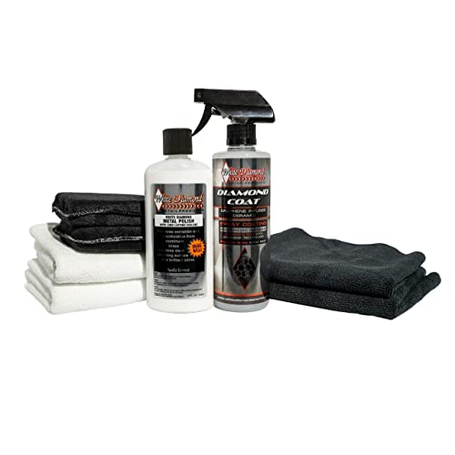 White Diamond Mirror Finish Polishing Pack - Long Lasting Metal Polish & Sealant, Diamond Coat Graphene Ceramic Spray, 2 Microfiber Towels, 2 Polyester Application Pads, 2 Terry Clothes