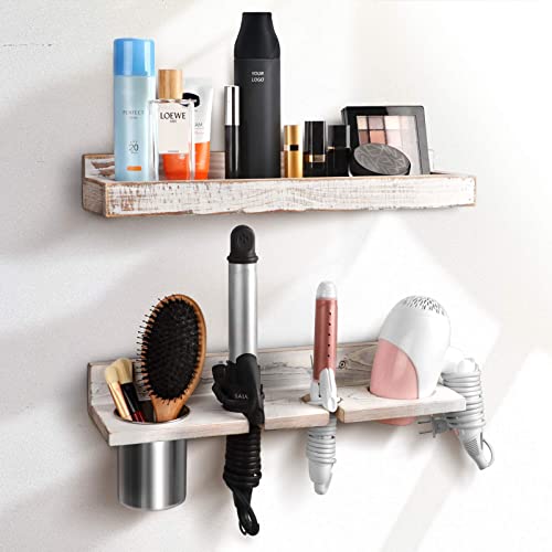 FANGSUN Wall Mount Hair Tool Organizer, Set of 2 Layer Rustic Blow Dryer Holder, Hair Product Organizer for Hair Dryer, Curling Iron, Hot Tools, Bathroom Vanity Storage Wooden Styling Accessories Tray