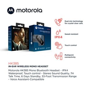 Motorola Bluetooth Earpiece HK385 in-Ear Wireless Mono Headset with CVC Touch Control for Clear Voice Calls - IPX4 Sweat Resistant, Smart Touch/Voice Control, Noise Suppression, Multipoint Connect