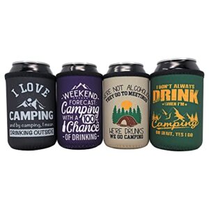 camping coozies gifts for couples - happy camper must haves, camping essentials, small gifts for people who have everything, insulated 12 oz. coozies for standard stubby cans, funny can cooler sleeves