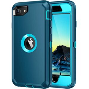 mieziba for iphone se 2020 case, [built in screen protector] heavy duty shockproof dust [3 layers] full body protection rugged durable cover case for iphone se(2nd gen 2020) 4.7",turquoise