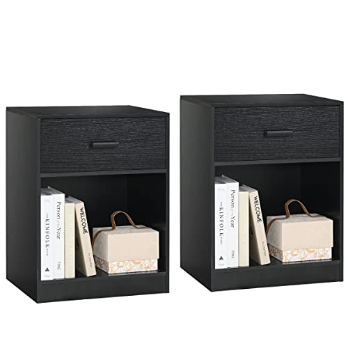 Iwell Nightstand Set of 2 with Drawer & Open Compartment, 23.6" H Bedside Table, End Table for Small Space, Bedroom, Black