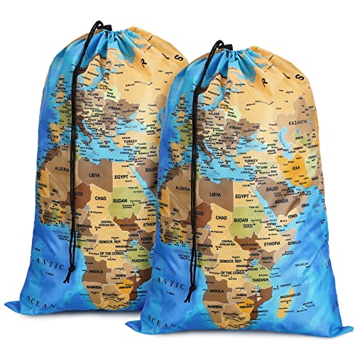 Laundry Bag 2 Pieces 22 x 16 Inch World Map Travel Laundry Bags Heavy Duty Big Laundry Bag Drawstring Travel Organizer Bag Dirty Clothes Organizer Bag for Traveling