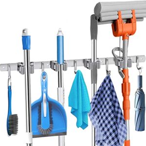 Broom Mop Holder, Wall Mounted Heavy Duty Stainless Steel Storage Rack Organization Tools, Kitchen Garden Garage Or Bathroom Organization and Storage (4 Clip 5 Hook)