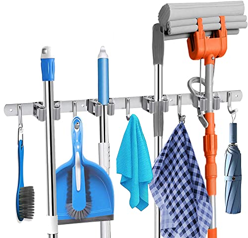 Broom Mop Holder, Wall Mounted Heavy Duty Stainless Steel Storage Rack Organization Tools, Kitchen Garden Garage Or Bathroom Organization and Storage (4 Clip 5 Hook)