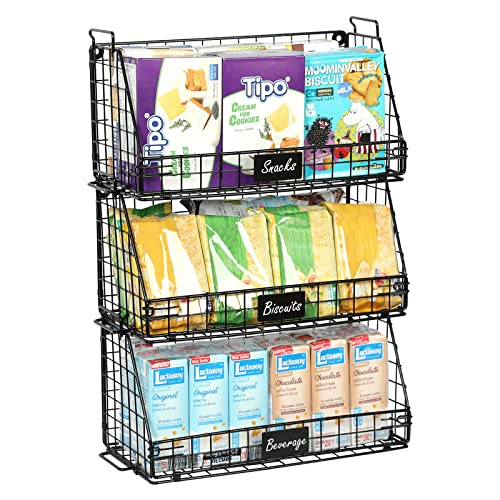 Stackable Pantry Baskets Household Food Storage Organizer with Handles Name Plate 3 Pack-13.7 Wide, Foldable Snack Rack Stand with Open Front Stacking Farmhouse Bins for Countertop Cabinets Kitchen