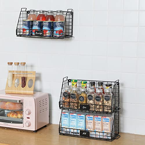 Stackable Pantry Baskets Household Food Storage Organizer with Handles Name Plate 3 Pack-13.7 Wide, Foldable Snack Rack Stand with Open Front Stacking Farmhouse Bins for Countertop Cabinets Kitchen