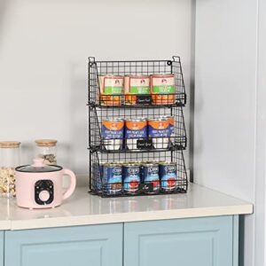 Stackable Pantry Baskets Household Food Storage Organizer with Handles Name Plate 3 Pack-13.7 Wide, Foldable Snack Rack Stand with Open Front Stacking Farmhouse Bins for Countertop Cabinets Kitchen