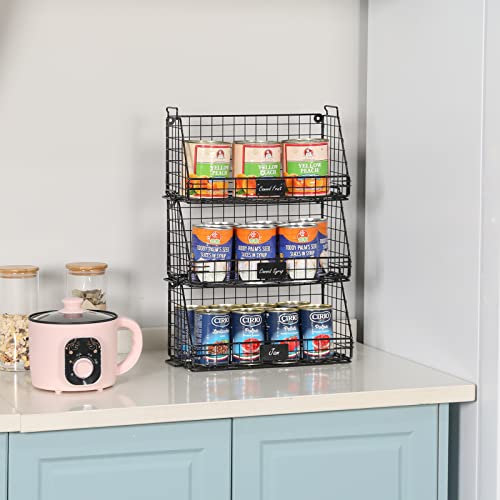 Stackable Pantry Baskets Household Food Storage Organizer with Handles Name Plate 3 Pack-13.7 Wide, Foldable Snack Rack Stand with Open Front Stacking Farmhouse Bins for Countertop Cabinets Kitchen