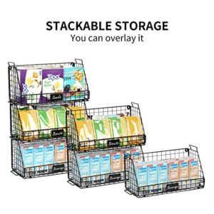 Stackable Pantry Baskets Household Food Storage Organizer with Handles Name Plate 3 Pack-13.7 Wide, Foldable Snack Rack Stand with Open Front Stacking Farmhouse Bins for Countertop Cabinets Kitchen