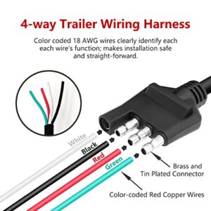 Zimuqi 4 Way 10 Feet Flat Trailer Connector Jacketed Cable Heavy Duty Extension Standard 4 Pin Trailer End Wiring Harness Adapter 18AWG Color-Coded Red Copper Wires Trailer Hitch Wiring (10Feet)