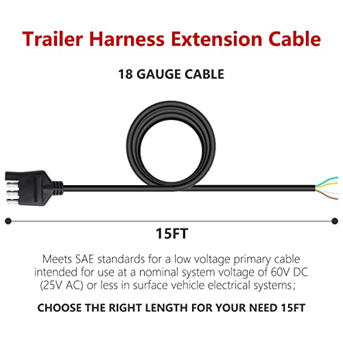 Zimuqi 4 Way 10 Feet Flat Trailer Connector Jacketed Cable Heavy Duty Extension Standard 4 Pin Trailer End Wiring Harness Adapter 18AWG Color-Coded Red Copper Wires Trailer Hitch Wiring (10Feet)