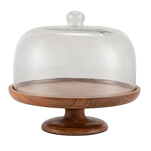 BIRDROCK HOME Cake Stand with Glass Dome and Wood Base - Wood Iron Dessert Serving Tray - Rustic Farmhouse Dessert Stand - Modern Party Oversized Server - Table Kitchen Home Display - Round