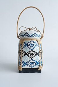 siam sawadee white weaved bamboo rice basket, hand woven thai rattan jar, handcrafted traditional household wicker container, moroccan pattern painted, handmade in thailand, 7x12 inches