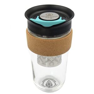 reusable glass cup + stainless steel tea infuser & twist on lid - microwavable travel coffee mug - cork sleeve - 18oz portable cold brew maker - loose leaf diffuser + brewing tumbler togo