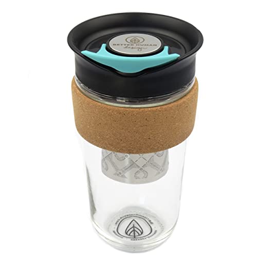 Reusable Glass Cup + Stainless steel Tea Infuser & Twist on Lid - Microwavable Travel Coffee Mug - Cork Sleeve - 18oz Portable Cold Brew maker - Loose Leaf Diffuser + Brewing Tumbler togo