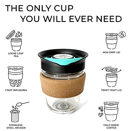 Reusable Glass Cup + Stainless steel Tea Infuser & Twist on Lid - Microwavable Travel Coffee Mug - Cork Sleeve - 18oz Portable Cold Brew maker - Loose Leaf Diffuser + Brewing Tumbler togo