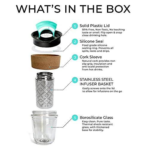 Reusable Glass Cup + Stainless steel Tea Infuser & Twist on Lid - Microwavable Travel Coffee Mug - Cork Sleeve - 18oz Portable Cold Brew maker - Loose Leaf Diffuser + Brewing Tumbler togo