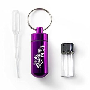 anointing oil bottle accessory kit, purple keychain container, plastic eyedropper & small empty glass vial, screw top metal holder, protective travel set for holy oils, botellas para aceite ungido
