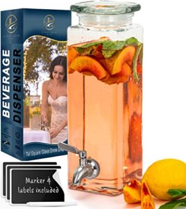 square glass drink dispenser for parties - stainless steel spigot + marker & label - 100% leakproof beverage dispenser - liquid laundry detergent dispenser, water dispenser, decorative pitchers 80oz.