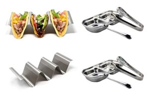 2 packs, taco holders set, stainless steel taco racks with handles, hold up to 3 taco, oven grill dishwasher safe, 2 spoons, 2 sauce cups, 2 food tongs