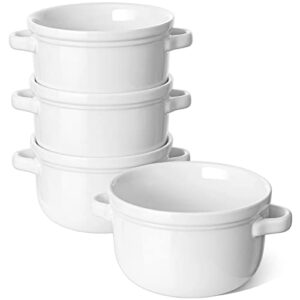 le tauci soup bowls with handles 28 ounce, french onion soup bowl for chili, beef stew, cereal, ceramic soup crocks oven safe, microwave dishwasher safe - 5.5 inch, set of 4, white