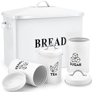 bread box with canister sets for kitchen countertop, e-far metal white storage container holder for modern farmhouse decor, vintage style & extra large - holds 2+ loaves sugar coffee tea