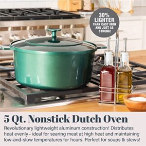 Granitestone Dutch Oven, 5 Quart Ultra Nonstick Enameled Lightweight Aluminum Dutch Oven Pot with Lid, Round 5 Qt. Stock Pot, Dishwasher & Oven Safe, Induction Capable, 100% PFOA Free, Emerald Green