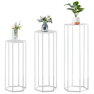 mxfurhawa 27.55in set of 3 metal plant stand white nesting display end table high hexagon rack indoor flower holder corner planter pot rack living room & patio decor h19/23/27 hexgon white