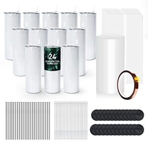 agh 24 pack 20oz sublimation tumblers with metal sraws and lids straight skinny tumblers bulk, stainless steel vacuum insulated tumblers, double wall sublimation tumbler keep coffee chilled for hours