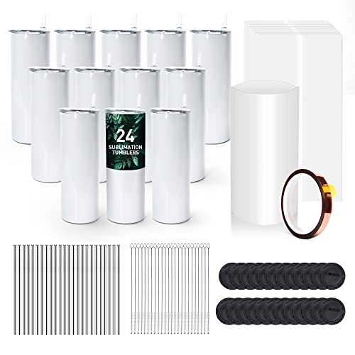 AGH 24 Pack 20oz Sublimation Tumblers with Metal Sraws and Lids Straight Skinny Tumblers Bulk, Stainless Steel Vacuum Insulated Tumblers, Double Wall Sublimation Tumbler Keep Coffee Chilled for Hours