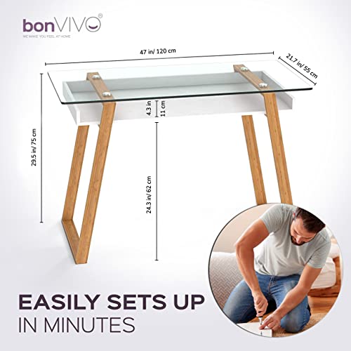 bonVIVO Massimo Small Desk - 47 Inch, Modern Computer Desk for Small Spaces, Living Room, Office and Bedroom - Study Table w/Glass Top and Shelf Space - White