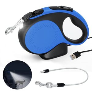 retractable dog leash with rechargeable led light for night walks, newnique 16ft dog walking leash with chew proof cable, for dog ups to 66lbs(black blue)