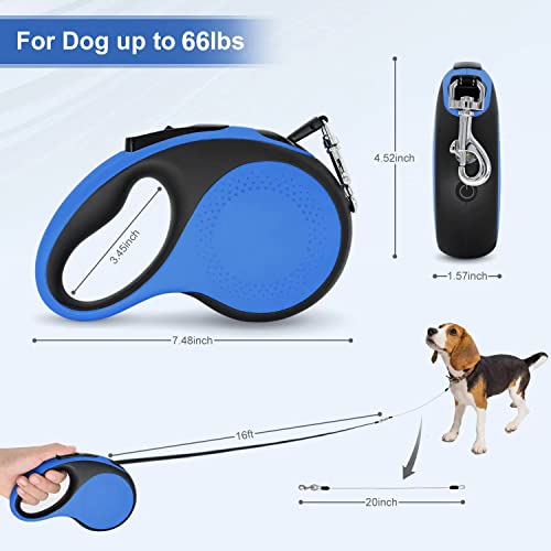 Retractable Dog Leash with Rechargeable LED Light for Night Walks, Newnique 16FT Dog Walking Leash with Chew Proof Cable, for Dog ups to 66lbs(Black Blue)