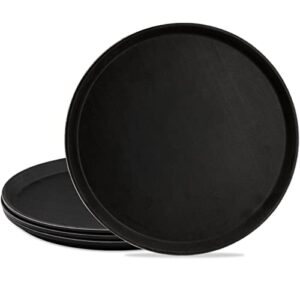 topzea 4 pack plastic server tray, 14 inch round serving tray restaurant serving tray non-slip bar tray cafeteria tray for eating, cafe tray for coffee table, black, with non-skid rubber lined