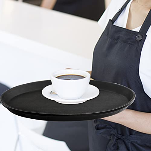 TOPZEA 4 Pack Plastic Server Tray, 14 Inch Round Serving Tray Restaurant Serving Tray Non-Slip Bar Tray Cafeteria Tray for Eating, Cafe Tray for Coffee Table, Black, with Non-Skid Rubber Lined