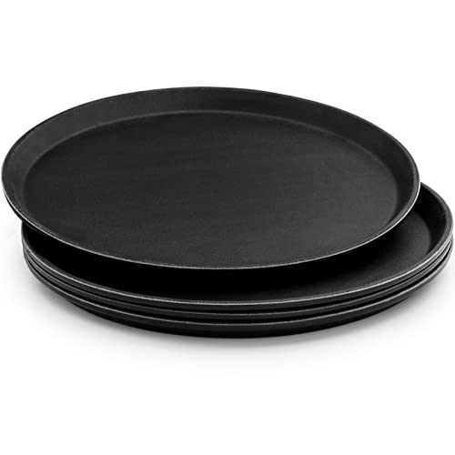 TOPZEA 4 Pack Plastic Server Tray, 14 Inch Round Serving Tray Restaurant Serving Tray Non-Slip Bar Tray Cafeteria Tray for Eating, Cafe Tray for Coffee Table, Black, with Non-Skid Rubber Lined