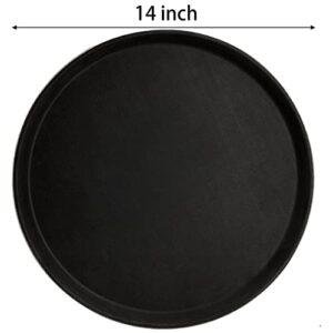 TOPZEA 4 Pack Plastic Server Tray, 14 Inch Round Serving Tray Restaurant Serving Tray Non-Slip Bar Tray Cafeteria Tray for Eating, Cafe Tray for Coffee Table, Black, with Non-Skid Rubber Lined