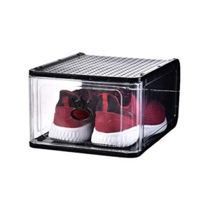 kicksluoplug km,shoe storage box,arc-shaped safe plastic box, set of 4,shoe organizer for display sneakers,stackable clear box,fit up to us size 12(13.4inx 9.84inx 7.1in) (black)