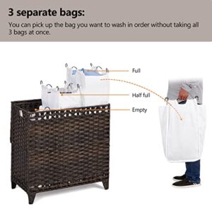 Laundry Hamper with 3 Removable Liner Bags; 132L Handwoven Rattan Laundry Basket with Lid & Heightened Feet; Clothes Hamper with Side Handles; Laundry Sorter with 3 Separate Sections (Brown)